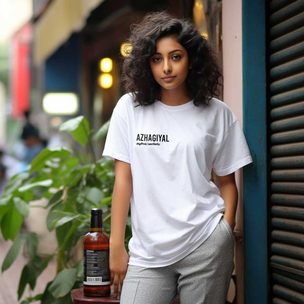 Azhagiyal | Tamil Oversized T-Shirt (White) (Right Pocket)